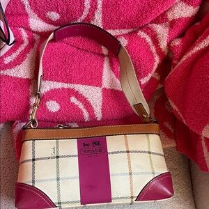 Coach Pink and Cream Plaid Shoulder Bag